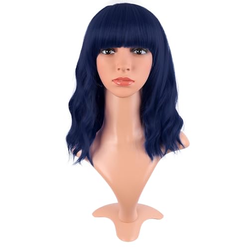 Image of MapofBeauty 14 Inch /35 cm Short Wavy Curly Women Fresh Bright Synthetic Ordinary Flat Bangs Bob Wig (Midnight Blue)