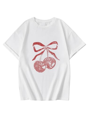 SOLY HUX Girl's Graphic Tees Y2k Bow Cherry Print Aesthetic T Shirt Crewneck Short Sleeve Summer Tops