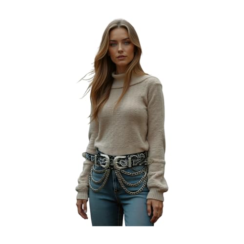 Women Western Fashion Wide Paisley Belt Black Faux Leather Silver Double Buckles Chain S Mz2193