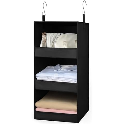 TOPIA HOME 3-Shelf Hanging Closet Organizer, Thickened Fabric Hanging Closet Shelves, Closet Organizers and Storage for Clothes, Pants, Baby, Shoe, Purse, Camper, 12.2" Wx12.2 Dx31 H, Black, 1 Pack Cover