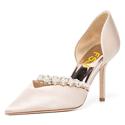 FSJ Women Closed Pointed Toe Stilettos Heels Dress Pumps D'Orsay Sparkly Rhinestones Pearls Slip On Bridal Wedding Evening Party Shoes Size 4-15 US