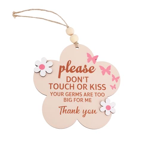Image of Please Do Not Touch or Kiss Baby Sign, Wooden Don’t Touch Baby Sign for Car Seat Me Stroller Tag No Touching Signage for Hospital Newborn(Butterfly & Flower)