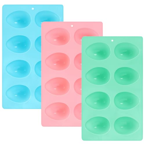 3Pcs 8-Cavity Easter Silicone Egg Molds, Baking Supplies for DIY Cake Decoration, Chocolate, Candy, Jello, Pastry, Muffin, Bread, Ice Cube (Pink,Green,Blue)