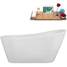 Streamline 60" Freestanding Soaking Bathtub Glossy White Acrylic Tub with Brushed Gun Metal Internal Drain and Bamboo Tray Spacious Oval Design 53 Gallon Capacity