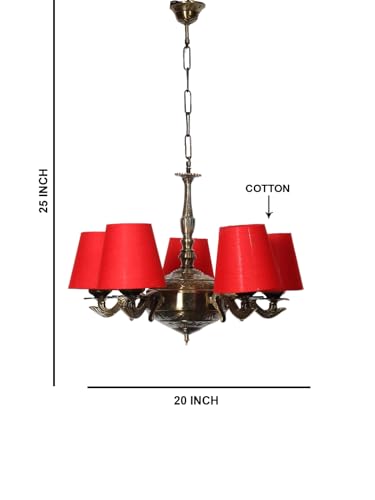 Image of Devansh 05 Lights Red conical Cotton Shade with Antique Golden Chandelier