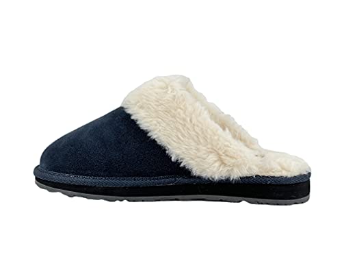 Image of Clarks Womens Open Back Suede Leather Comfort Clog Slipper JMS0583C - Plush Faux Fur Trim - Indoor Outdoor House Slippers For Women