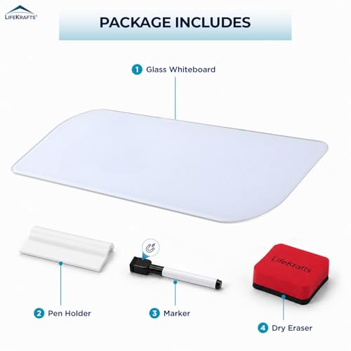 Image of LifeKrafts Dry Erase Glass Whiteboard | Desktop Easel Board for Office, Home, School, Adults&Kids | Tabletop Writing Board |Reusable Marker Board|1 Marker Pen & 1 Eraser| 15.5 x 6 Inches | Pack of 1