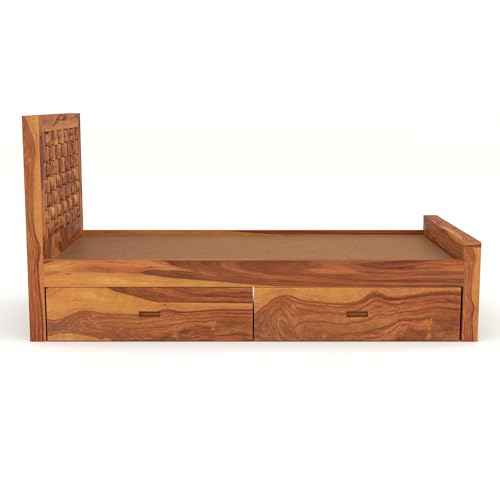 Image of Solid Sheesham Wood Single Size Bed with 2 Drawer Storage Wooden Single Cot Bed for Home Living Room Bedroom Guest Room Hotel (Honey, Size 6 * 3)