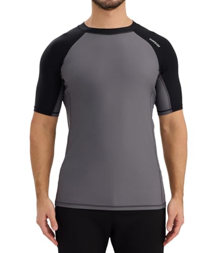 SURFEASY Men's Short Sleeve Rash Vest Swim Shirt, UPF 50+ Sun Protection Quick Dry Rashguard (Grey/Black,L)