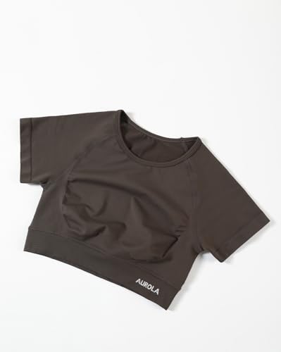 Image of AUROLA Influence Women Crop Top Short Sleeve Compression Workout T-Shirt | Raglan Short Sleeve Crop Top, High-Stretch Seamless Knit, Stay-Put Ribbed Underband, Soft Breathable Comfort
