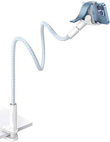 Image of Aomiker Gooseneck Phone Holder for Bed - [Upgrade Nylon Braid] 38 inch Flexible Lazy Arm Clip, 360 Adjustable Overhead Phone Mount for iPhone 16 15 14 13 12 11 Pro Max Mini Plus, 4-7 inch Cellphone - White