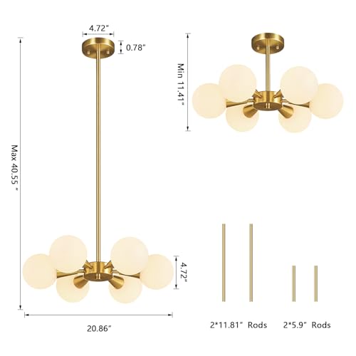 Image of Mid Century Modern Ceiling Light with Milk White Glass lampshade Gold Semi Flush Mount Ceiling Light Fixture Sputnik Chandelier for Bedroom Living Room Dining Room Foyer Hallway(6-Lights)