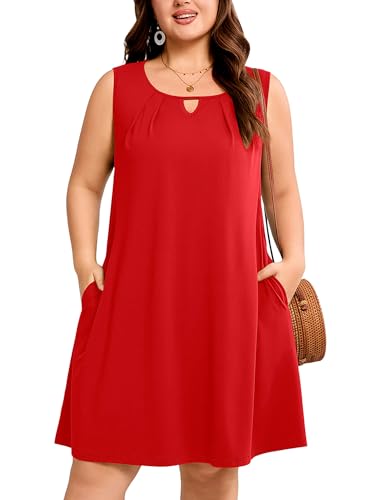 Image of AusLook Plus Size Summer Midi Dress for Women Sleeveless Casual A Line Swing Dress with Pockets Keyhole Neck Beach 1X-5X