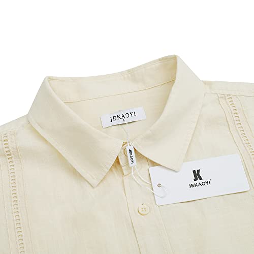 Image of JEKAOYI Mens Casual Linen Cotton Button Down Short Sleeve Shirts Cuban Camp Guayabera Beach Tops