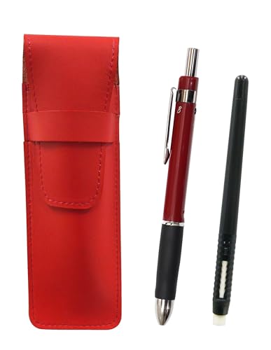 スリム牛革ペンケース赤 ペン型消しゴム 黒とトライアングル3メカラバーセット 赤 T23-ASRMC46B-TR3M-R