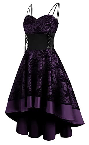 Women Steampunk Gothic Dresses High Low Floral Lace Dress Cold Shoulder Lace Up Sundress Elegant Lolita Medieval Vintage Cosplay Party Costumes A-Purple