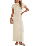 ZESICA Womens Summer Bodycon Maxi Dress 2026 Business Casual Short Sleeve Crewneck Knit Slit Spring Sweater Dresses,Apricot,Small
