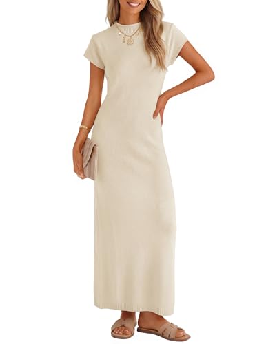ZESICA Womens Summer Bodycon Maxi Dress 2026 Business Casual Short Sleeve Crewneck Knit Slit Spring Sweater Dresses Apricot Medium
