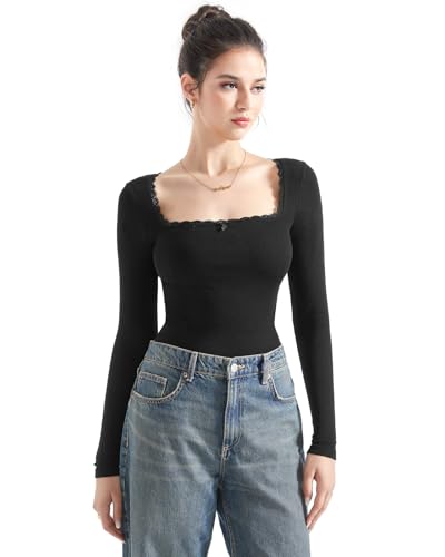 SUUKSESS Women Square Neck Ribbed Long Sleeve Shirts Lace Trim Y2k Crop Top3