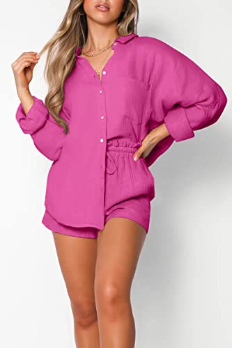 Image of Trendy Queen Two Piece Sets For Women Summer Short Sets | Matching Two Piece Pajama, Lounge Wear, Linen Set, Button-down Top with Matching Shorts, Perfect for Beach, Resort Wear