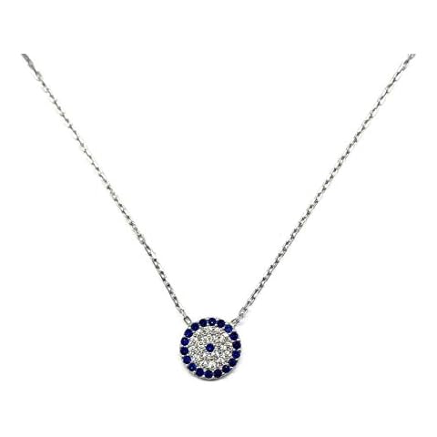 MYSTIC JEWELS - 925 Sterling Silver Necklace with Turkish Eye Necklace - Round with Cubic Zirconia (Silver) Cover