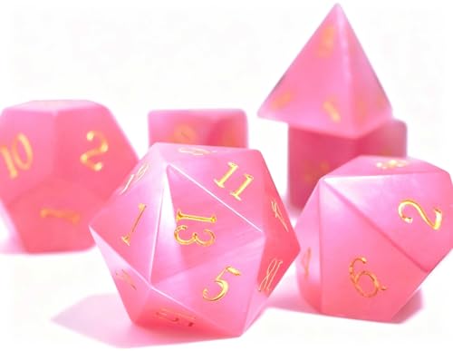 Natural Gemstone DND Dice Set,7 Pcs Pink Cat's Eye Handmade Polyhedral D&D Dice with Gift Metal Box for Dungeons and Dragons MTG Role Playing Games (Pink Cat's Eye)