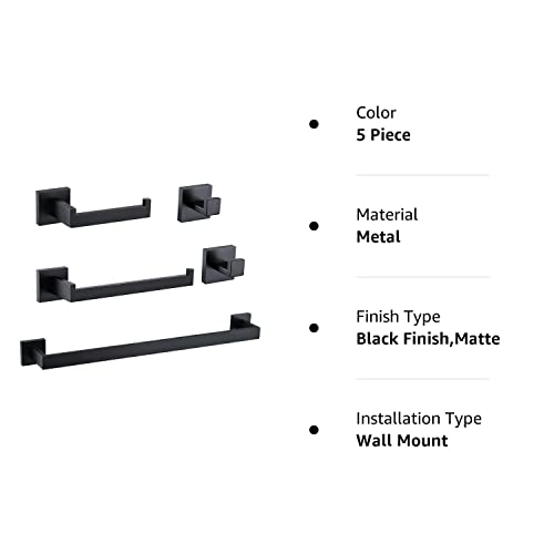 Ralbay Bath Towel Bar, Premium Stainless Steel 5 Pieces Bathroom Hardware Accessories Set Wall Mounted Towel Bar Set, Matte Black #TOP7