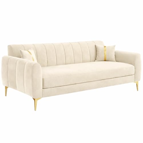 Image of Hermione Luxe Velvet-Suede Fabric 3 Seater Sofa | Comfortable Seating | Modern Sofa for Living Room - Cream