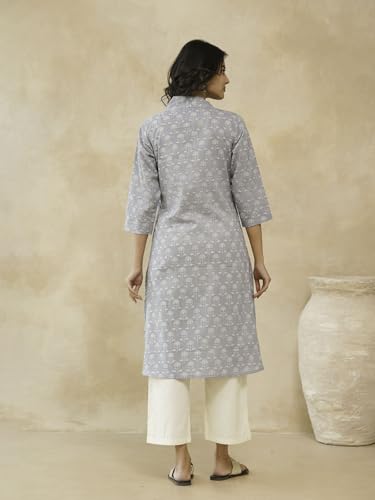 Image of GOODHAND Women Cotton Block Printed Kurta, Straight Fit Ethnic Kurti for Daily,Office & Casual Use