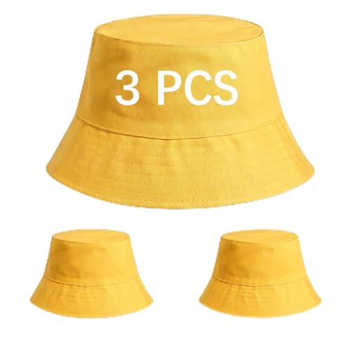 3Pcs Yellow Bucket Hats Bulk UV Protection Bucket Hat for Women Men - Packable Short Brim Sun Hat for Travel Beach Casual Daily Wear