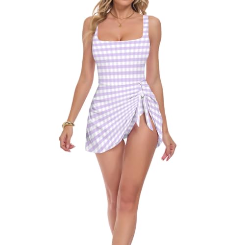 Maillot de bain pour affiner la taille une pièce violet à carreaux