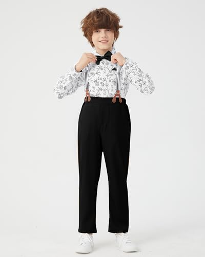 Image of DISAUR Boys Dress Clothes Wedding Ring Bearer Outfit Boy Formal Suits Dress Shirt with Bow Tie +Suspender Pants Set