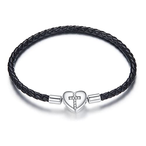 Image of Genuine Black Leather Woven Bracelet with 925 Sterling Silver Heart Cross Clasp Bead Bracelet for Pandora Charms Beads