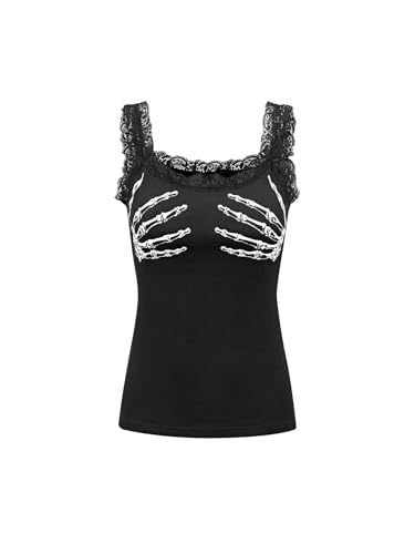 SweatyRocks Women's Skeleton Print Goth Tank Tops Lace Sleeveless Slim Fit Rave Knit Tops