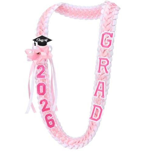 Hotop 1 Pcs 2026 Graduation Leis Class of 2026 Grad Ribbon Money Lei Handmade Double Braided Necklace for Graduation Gifts Supplies (Pink White)