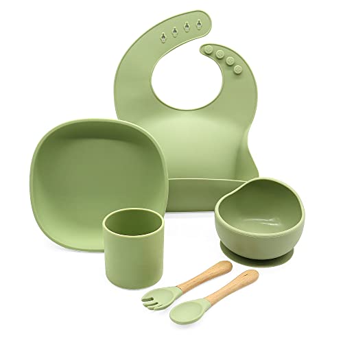 Mechew Conjunto de Alimentação para Bebês Pratos + Tigelas + Colher e Garfo + Babadores de Silicone