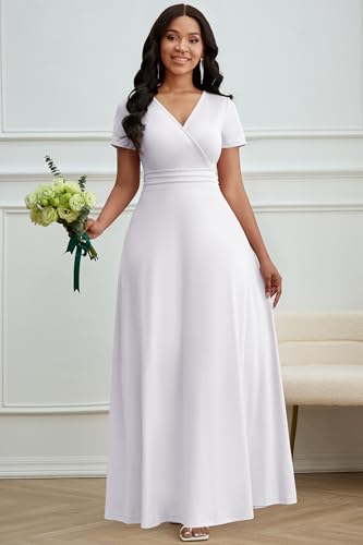 CLOCOR Maxi Dress for Women Long Formal Short Sleeve A Line V Neck Dresses Wedding Guest High Waist Elegant2