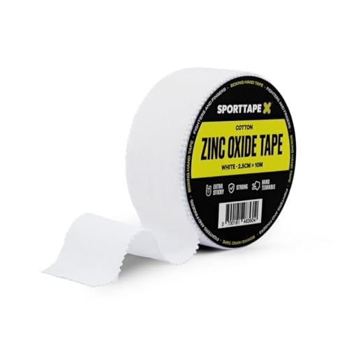 SPORTTAPE Zinc Oxide Tape | 2.5cm x 10m | White Rigid Athletic Tape for Blister Prevention Joint Support Boxing Hand Wrap | Zinc-Oxide Strapping for Climbing Rowing Wrist Hand Glove Protection