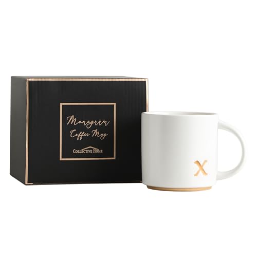COLLECTIVE HOME Ceramic Coffee Mug, 15 oz Monogram Cup with Gift Box(X)