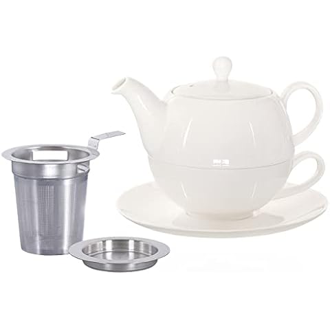 Buchensee Tea for One mit Sieb Lena 500ml aus Crystal Bone China Porzellan in weiß. Teekanne + Teetasse + Untersetzer + Sieb + Abtropfschale Cover