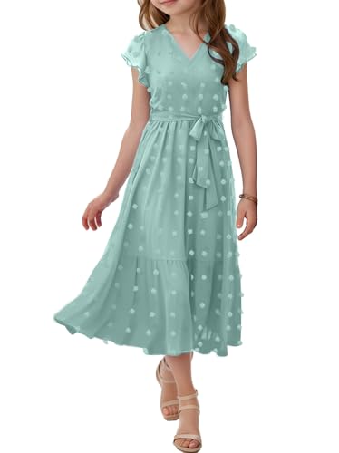 Girls Bohemian Dresses Casual V Neck Ruffle Cap Short Sleeve Swiss Dot A-Line Belt Pleated Hem Maxi Long Sun Flowy Dress