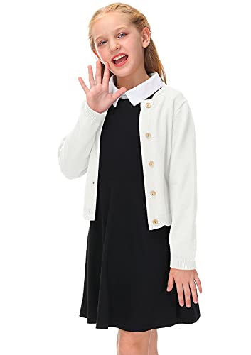 Besserbay Girls Solid White Fall Front Button Down Casual Warm Uniform Cardigan Open Front Back To School Knit Long Sleeve Sweaters 4 Years #TOP1