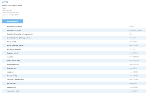 SRL Sodium Chloride ACS Grade, 99.9% Assay (Laboratory & Industrial Use Only), 500Gram Crystalline powder, CAS 7647-14-5, Molecular Formula : NaCl, Storage: Room Temperature, Shelf Life: 60 Months.