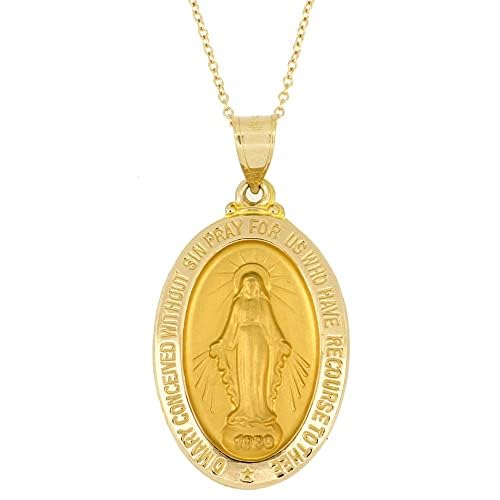 RP 14k Yellow Gold and White Gold Polished Miraculous Virgin Mary Double Sided Oval Pendant Medal Necklaces