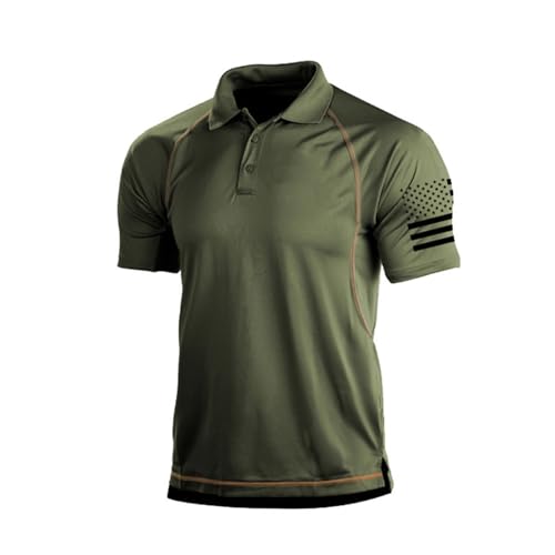 H HYFOL Sporty Lines Short Sleeve Polo Shirts for Men American Patriotic Graphic Stretch Casual Golf Polos for Men(Army Green,M)