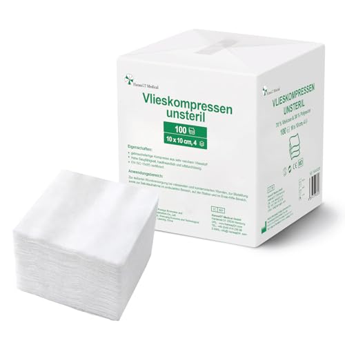 HansaGT Medical Apósitos no estériles de 10 x 10 cm, 100 unidades, 4 capas, apósitos antiadherentes, apósitos de gasa, apósitos de absorción, material de vendaje