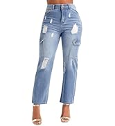BessCops Boyfriend Stretchy Jeans for Women - Distressed Frayed High Waisted Trendy Denim Jeans Blue