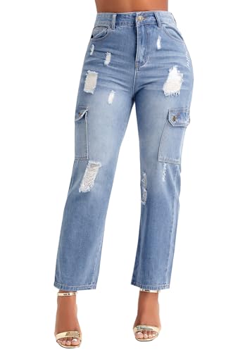 BessCops Women's Boyfriend Trendy Jeans Ripped High Waisted Straight Leg Loose Fit Distressed Zipper Fly Hole Denim