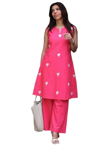 Image of ANNI Designer Kurta Set for Women Cotton Blend Embroidered | Kurti Set for Woman | Farshi Salwar Suit Kurta Palazzo Outfit | Round Neck V Slit Sleeveless Regular Fit Ethnic Dress Stylish Clothing