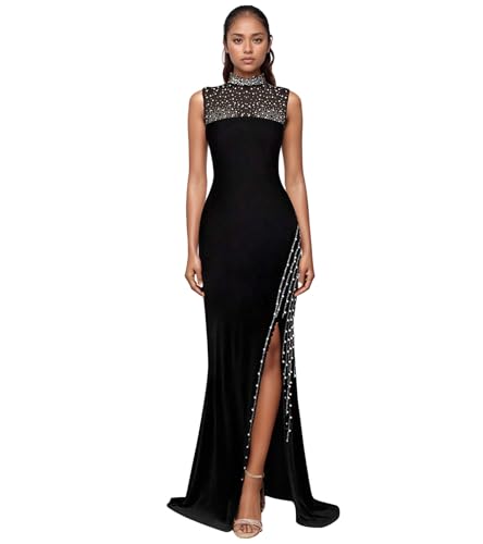 Image of Nagfar Women Sexy Elegant Rhinestone Beaded Mesh Patchwork Split Bodycon Long Dress Birthday Prom Club Night Outfits(SY1109-Black-M
